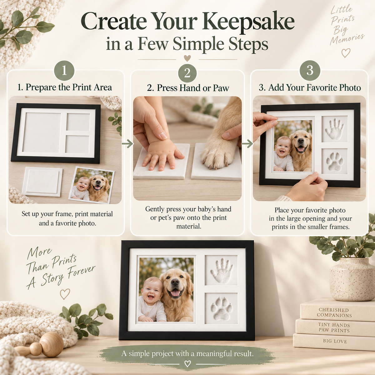 ๐ค Tiny Prints Baby & Pet Keepsake Frame โ Photo, Handprint & Paw Print Kit