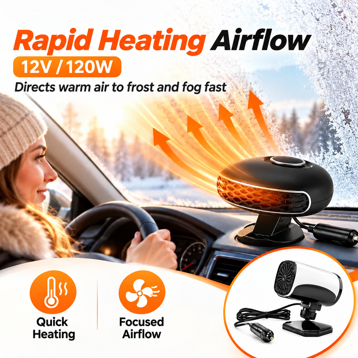 Portable Car Heater Defroster with 360-Degree Rotating Base