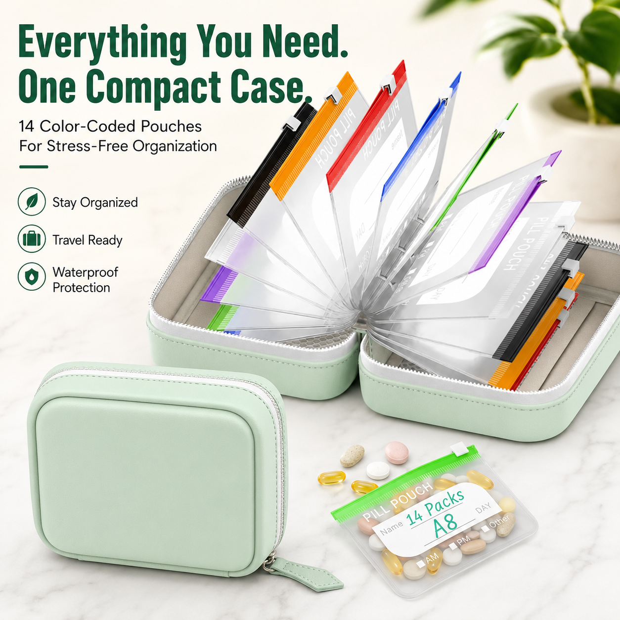 💊 14-Pouch Travel Pill Organizer – Water-Resistant Case for Medications & Vitamins