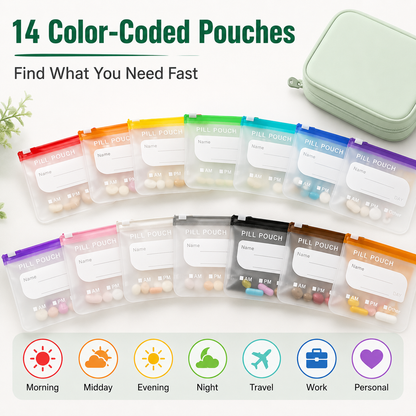 💊 14-Pouch Travel Pill Organizer – Water-Resistant Case for Medications & Vitamins