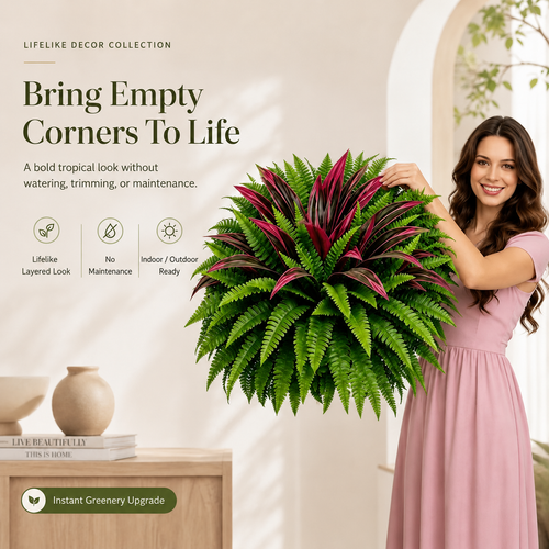 🌿UV-Resistant Artificial Fern & Red Dracaena Decorative Plants – Full, Lush & Fade-Resistant!