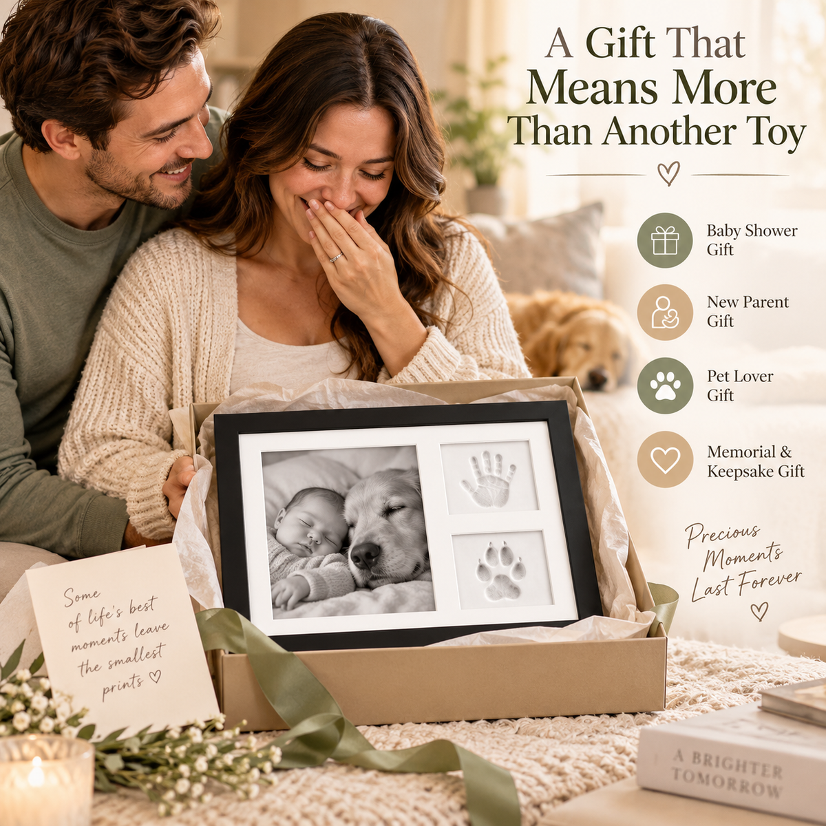 🤍 Tiny Prints Baby & Pet Keepsake Frame – Photo, Handprint & Paw Print Kit